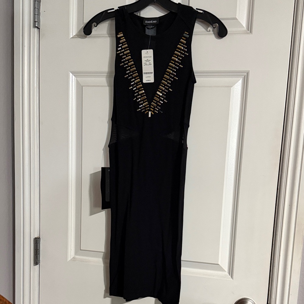 Bebe Black Midi Dress with Gold Accents